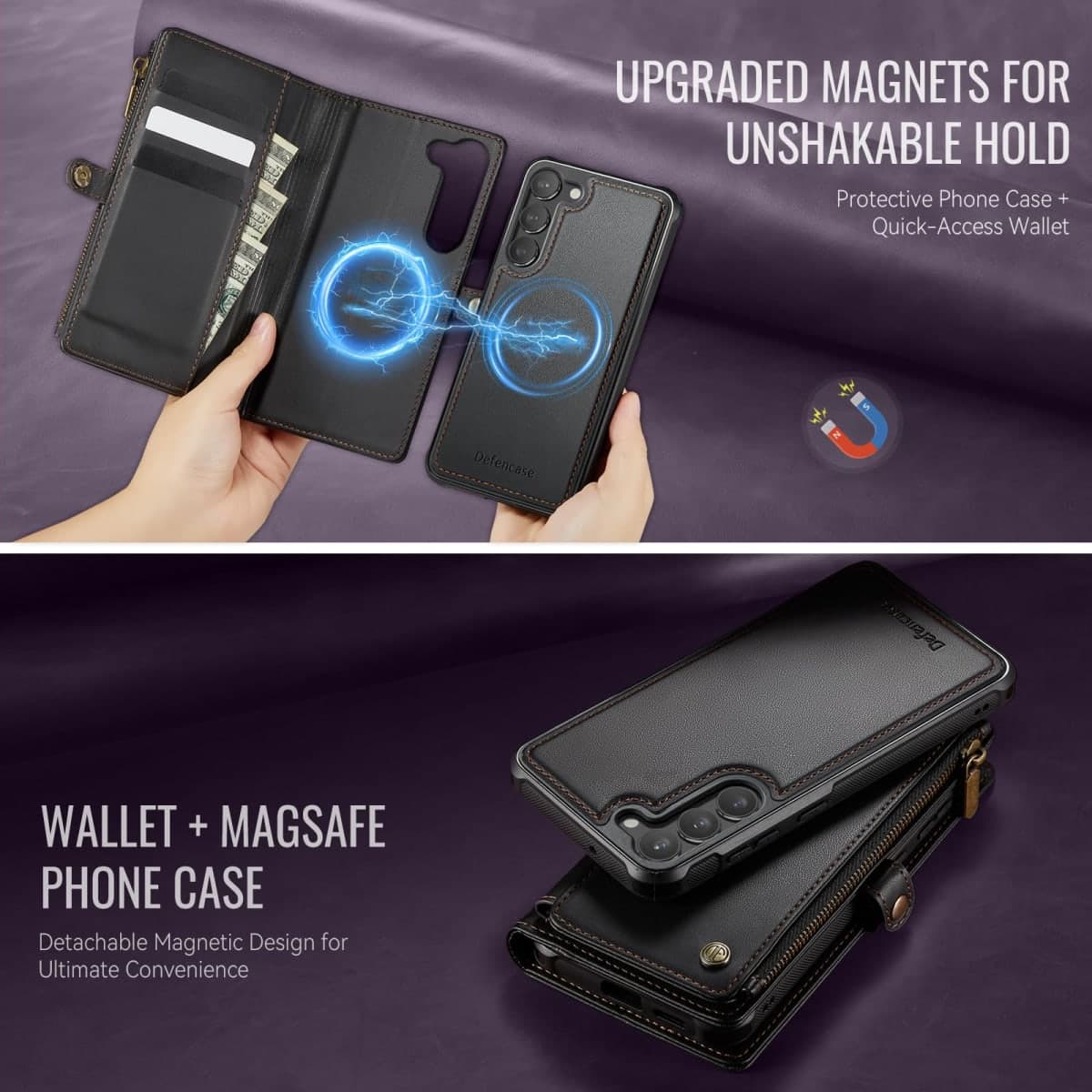Defencase for Galaxy S23 Magnetic Wallet Case Compatible with Magsafe with RFID Blocking Zipper & Card Holder for Women Men, PU Leather Detachable Phone Case for Samsung Galaxy S23 5G 6.1", Black thumbnail 3