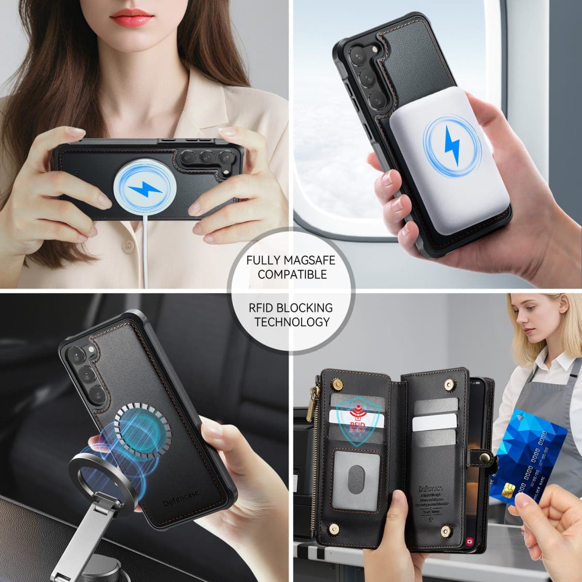 Defencase for Galaxy S23 Magnetic Wallet Case Compatible with Magsafe with RFID Blocking Zipper & Card Holder for Women Men, PU Leather Detachable Phone Case for Samsung Galaxy S23 5G 6.1", Black thumbnail 4