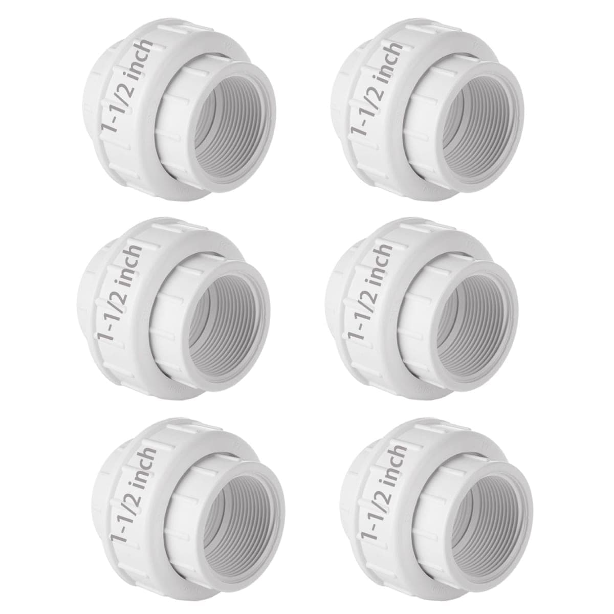 6pcs PVC Union 1-1/2 Inch Threaded PVC Union Coupling Pipe Fitting Adapter PVCs Slip Unions, Schedule 40, EPDM O-Ring, Socket to Socket, White — image 1