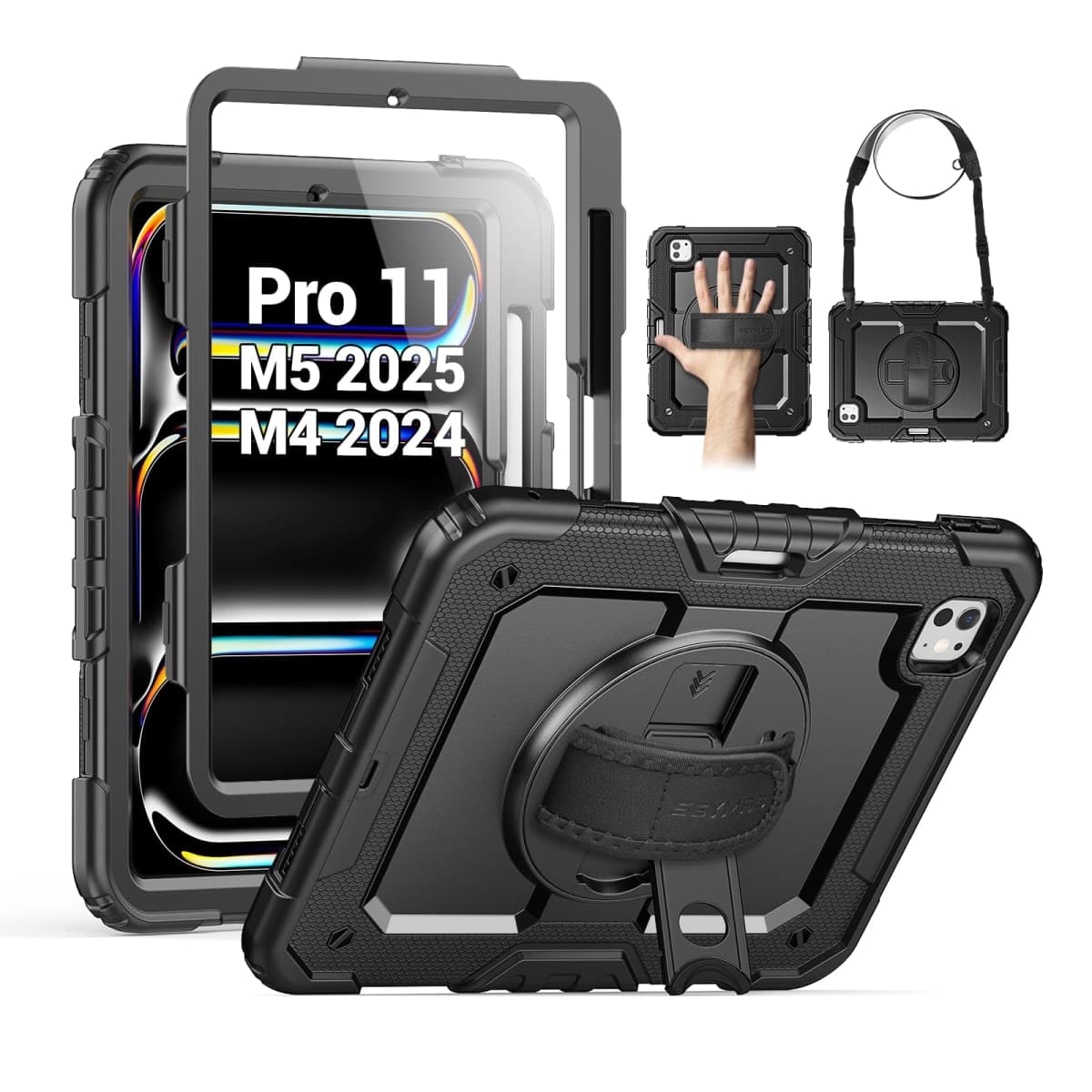 SEYMAC for iPad Pro 11 Inch Case 2024 (M4), Heavy Duty Shockproof Protective Case with Screen Protector, 360° Rotating Stand, Hand/Shoulder Strap and Pen Holder for iPad Pro 11 2024, Black — image 1