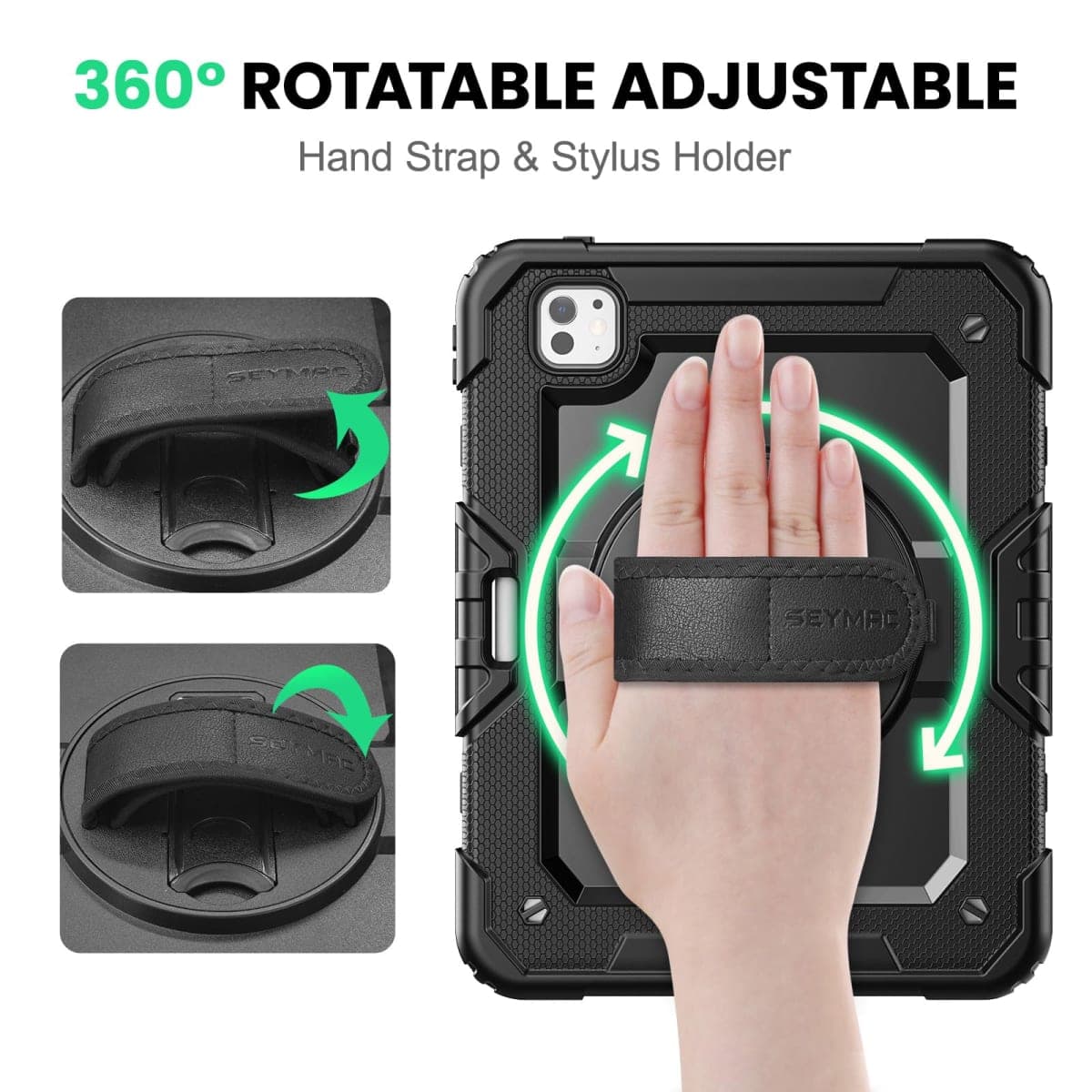SEYMAC for iPad Pro 11 Inch Case 2024 (M4), Heavy Duty Shockproof Protective Case with Screen Protector, 360° Rotating Stand, Hand/Shoulder Strap and Pen Holder for iPad Pro 11 2024, Black thumbnail 3