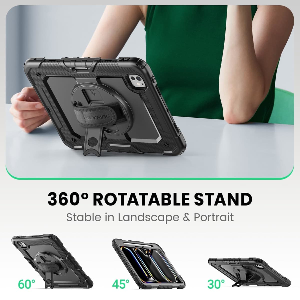 SEYMAC for iPad Pro 11 Inch Case 2024 (M4), Heavy Duty Shockproof Protective Case with Screen Protector, 360° Rotating Stand, Hand/Shoulder Strap and Pen Holder for iPad Pro 11 2024, Black thumbnail 4