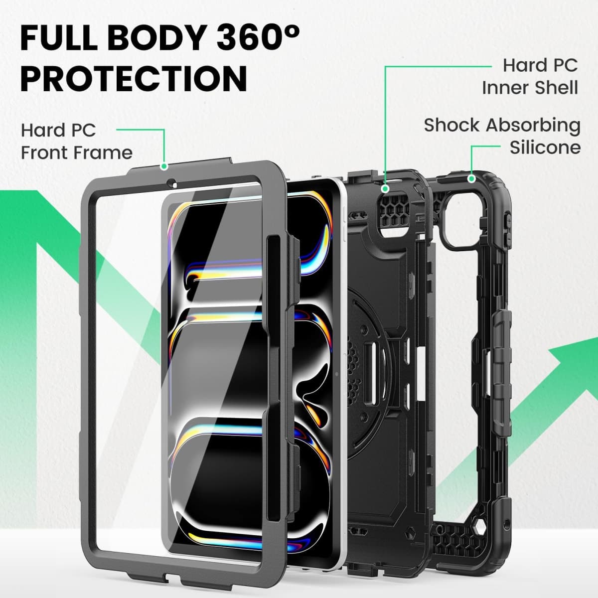 SEYMAC for iPad Pro 11 Inch Case 2024 (M4), Heavy Duty Shockproof Protective Case with Screen Protector, 360° Rotating Stand, Hand/Shoulder Strap and Pen Holder for iPad Pro 11 2024, Black thumbnail 5
