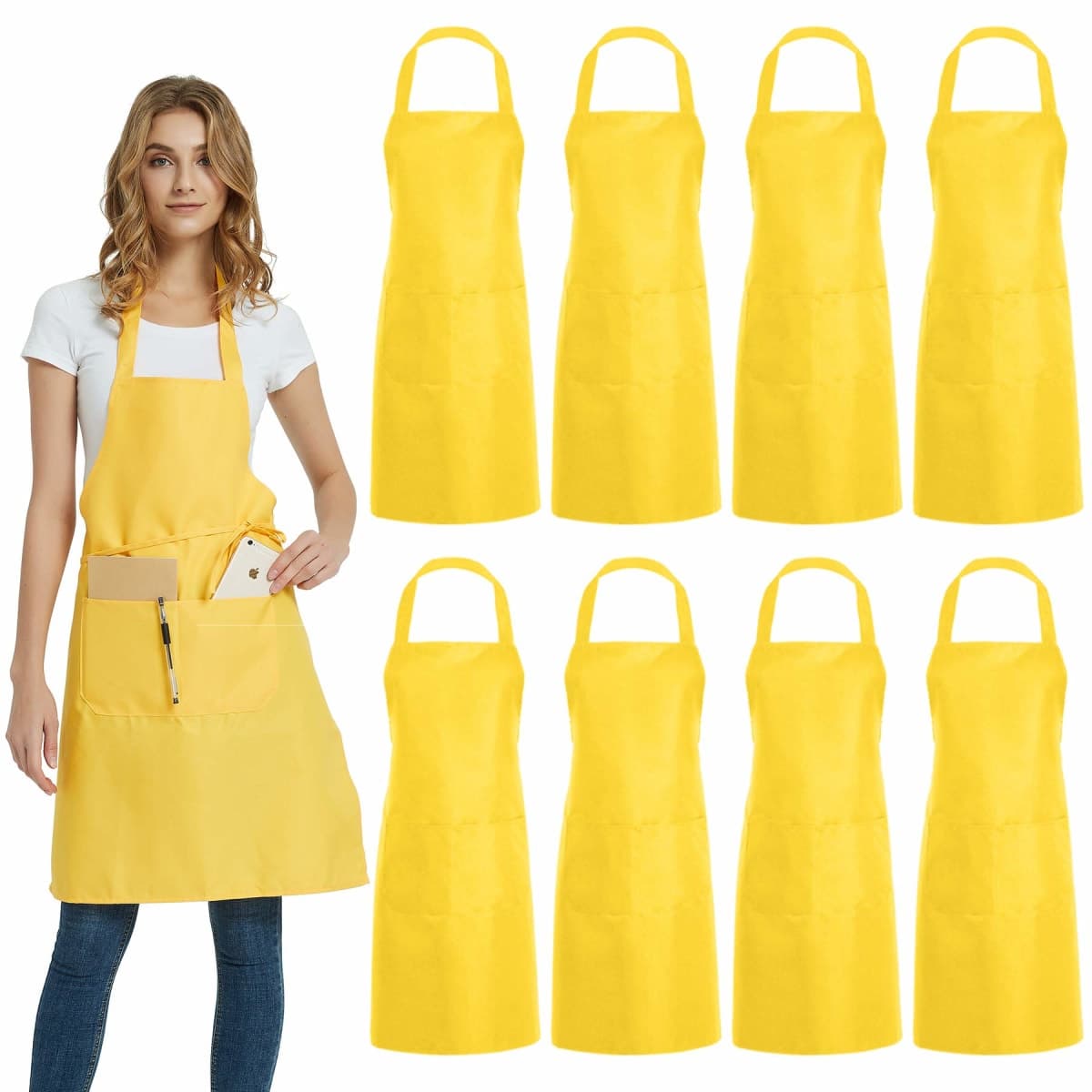 DUSKCOVE 8 Pack Bib Aprons Bulk - Unisex Yellow Commercial Apron with 2 Pockets for Kitchen Crafting BBQ Drawing Cooking — image 1