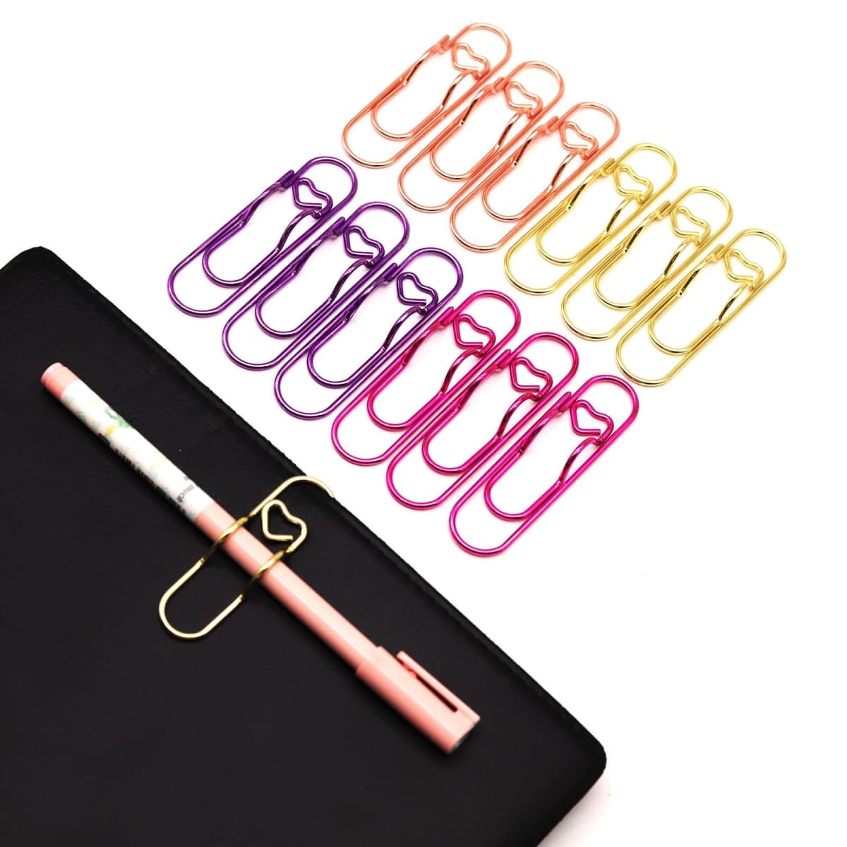 NELJIBEHU 12 Pcs Metal Pen Holder Clips for Notebook, Planner Accessories, 2.8-Inch Jumbo Heart Paper Clips — image 1