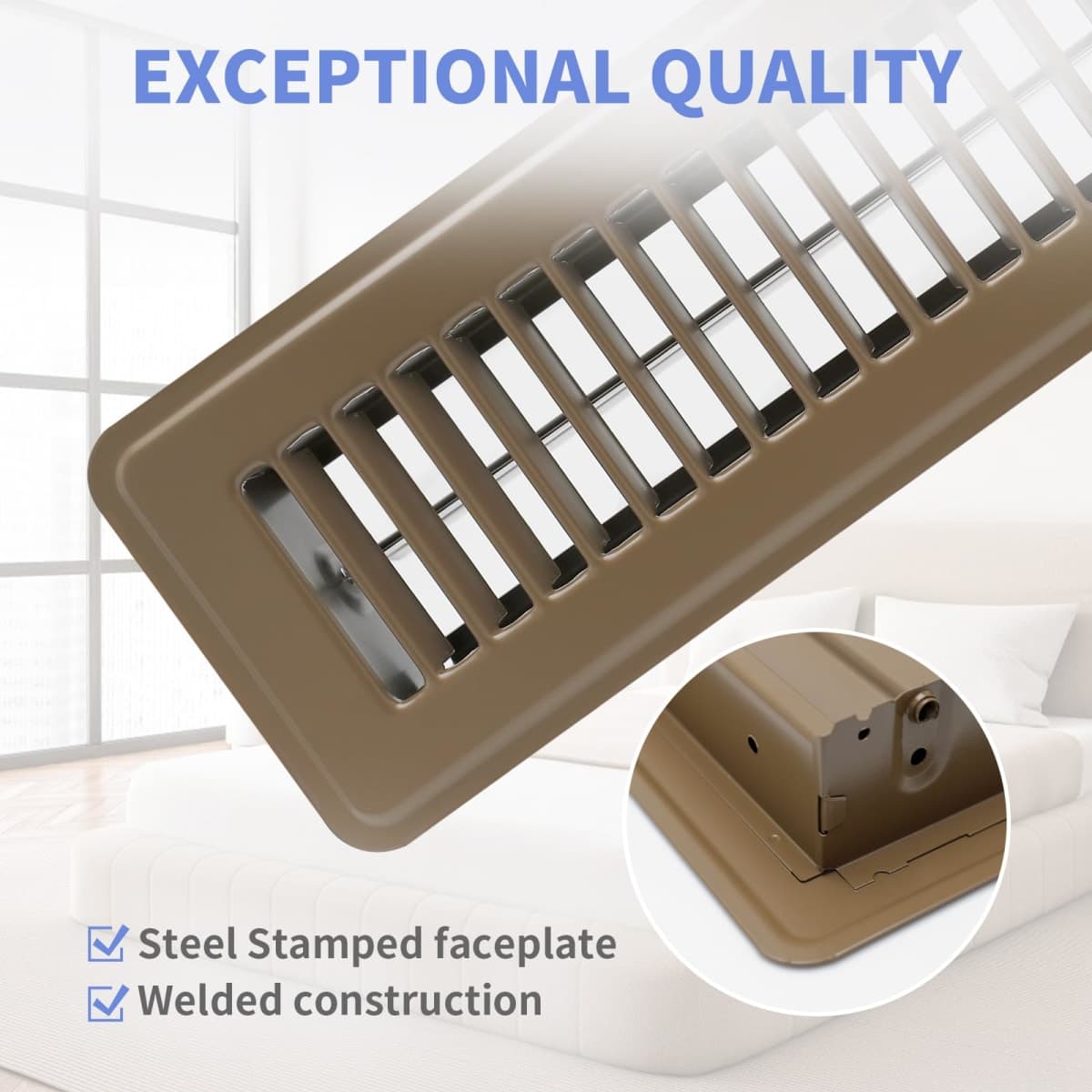 Howeall 2" x 10" Floor Register - Heavy Duty Steel Walkable Floor Vents - Easy Adjust Air Supply Lever - Vent Covers for Home (Brown) thumbnail 2