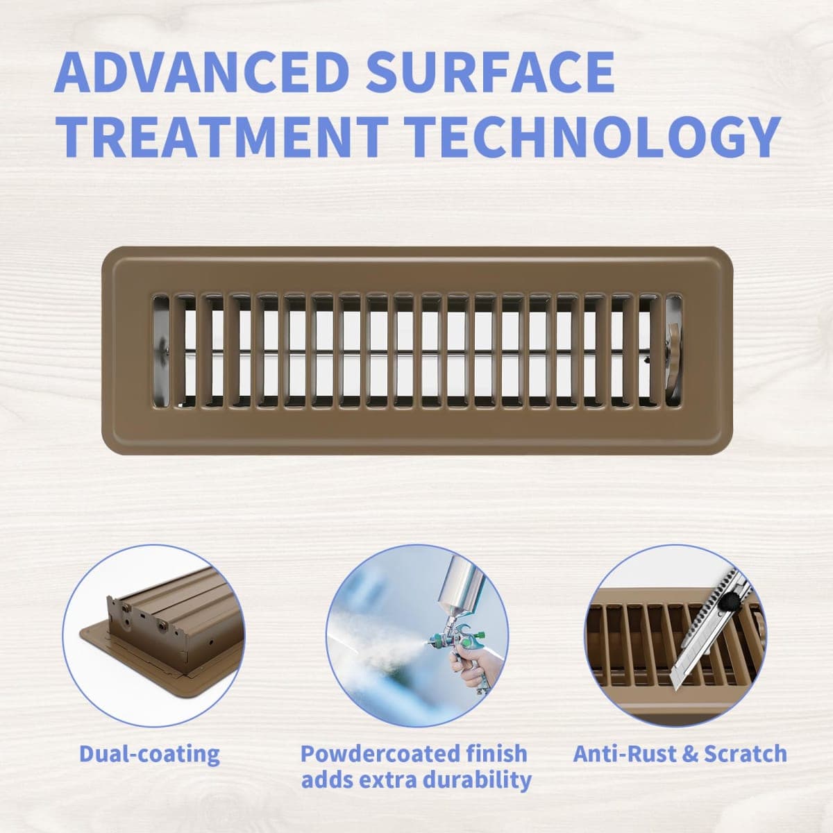 Howeall 2" x 10" Floor Register - Heavy Duty Steel Walkable Floor Vents - Easy Adjust Air Supply Lever - Vent Covers for Home (Brown) thumbnail 3