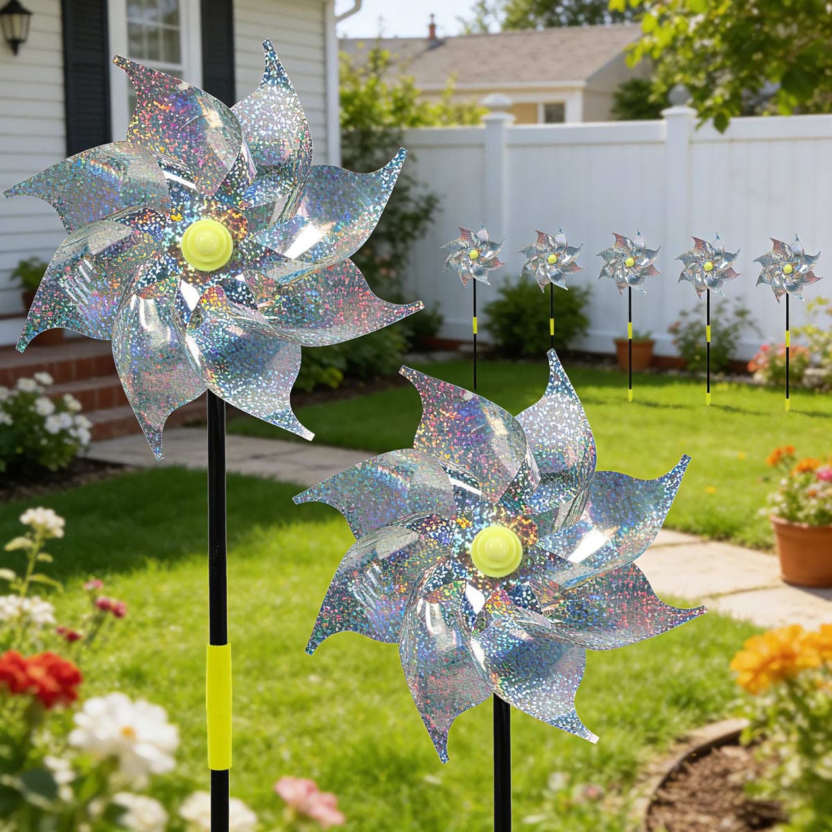 12 Pack Reflective Pinwheels with Stakes, Pre-Assembled Sparkly Wind Spinners, Outdoor Garden Blind Birds Wind Spinner, Keep Birds & Animal Away from Yard, Lawn & Patio (Silver) — image 1