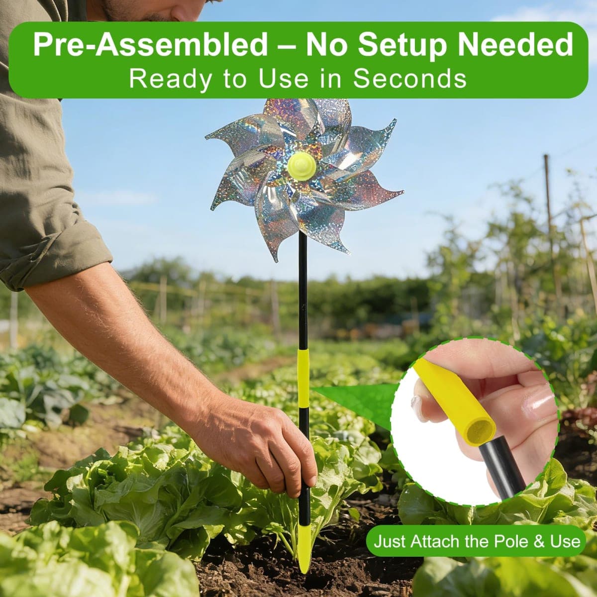 12 Pack Reflective Pinwheels with Stakes, Pre-Assembled Sparkly Wind Spinners, Outdoor Garden Blind Birds Wind Spinner, Keep Birds & Animal Away from Yard, Lawn & Patio (Silver) thumbnail 2