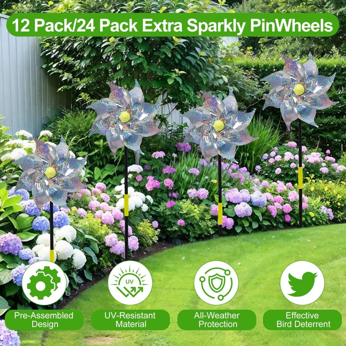 12 Pack Reflective Pinwheels with Stakes, Pre-Assembled Sparkly Wind Spinners, Outdoor Garden Blind Birds Wind Spinner, Keep Birds & Animal Away from Yard, Lawn & Patio (Silver) thumbnail 3