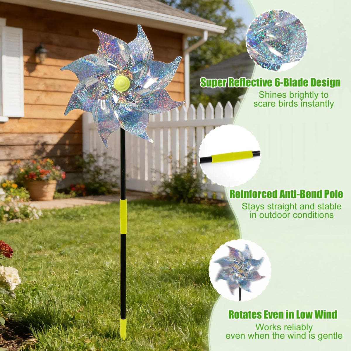 12 Pack Reflective Pinwheels with Stakes, Pre-Assembled Sparkly Wind Spinners, Outdoor Garden Blind Birds Wind Spinner, Keep Birds & Animal Away from Yard, Lawn & Patio (Silver) thumbnail 4