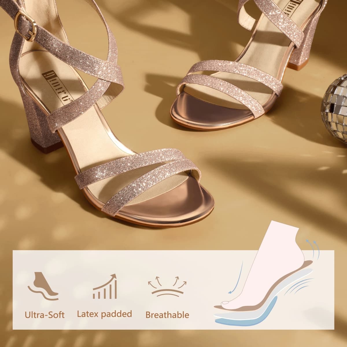 IDIFU Women's IN3 Gita Block Heel Open Toe Strappy Sandals Dress Shoes for Wedding Evening Prom, Rose Gold Shiny, 8 thumbnail 5