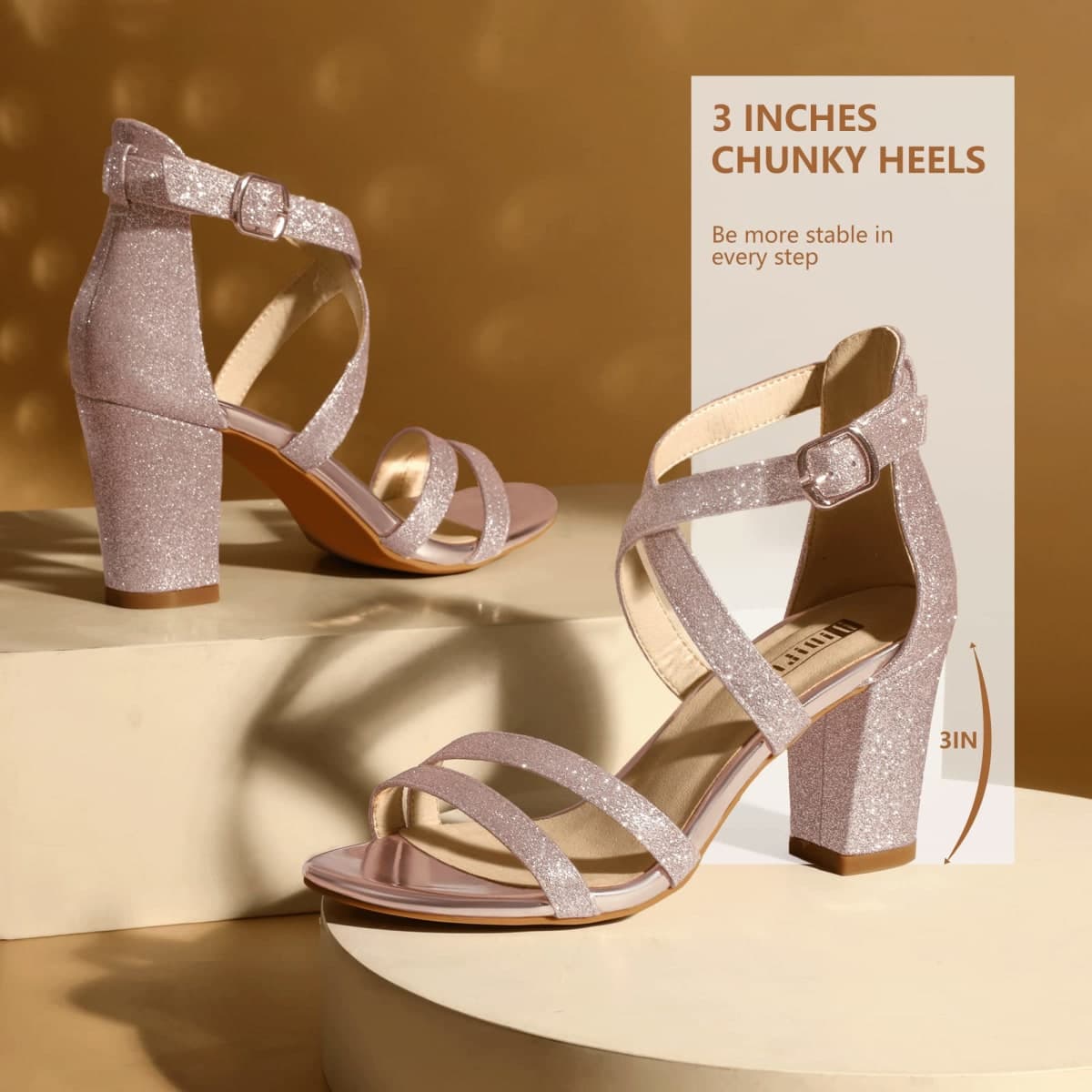 IDIFU Women's IN3 Gita Block Heel Open Toe Strappy Sandals Dress Shoes for Wedding Evening Prom, Rose Gold Shiny, 8.5 thumbnail 4