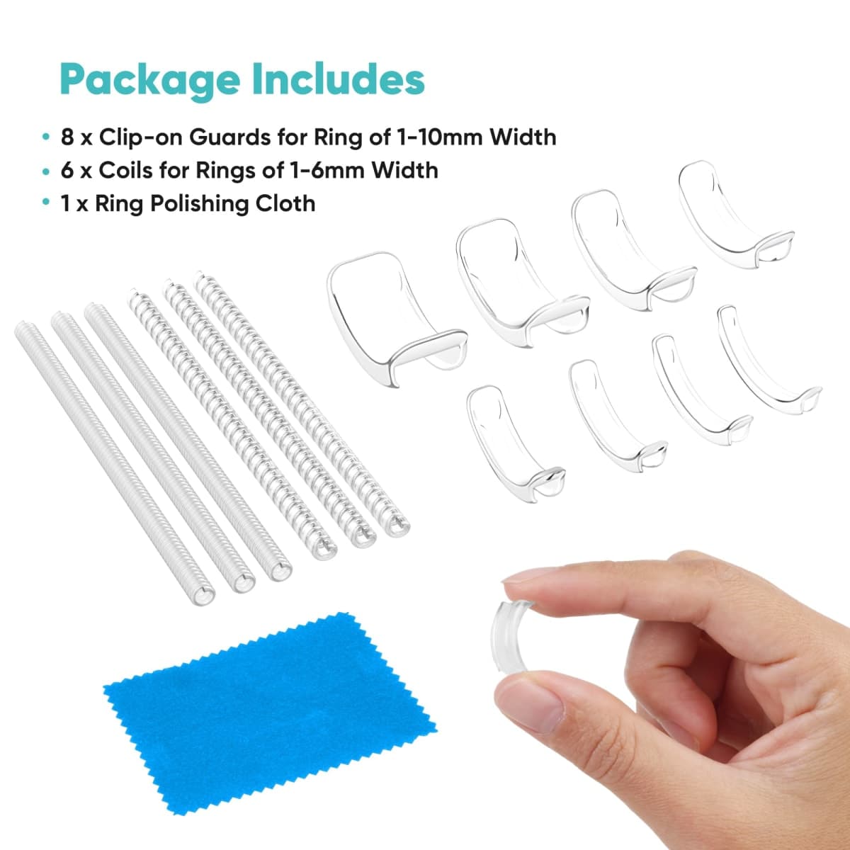 Invisible Ring Size Adjuster for Loose Rings - 2-in-1 Solution with 8 Clip-On Ring Guards & 6 Coil Adjusters (14pcs) thumbnail 2