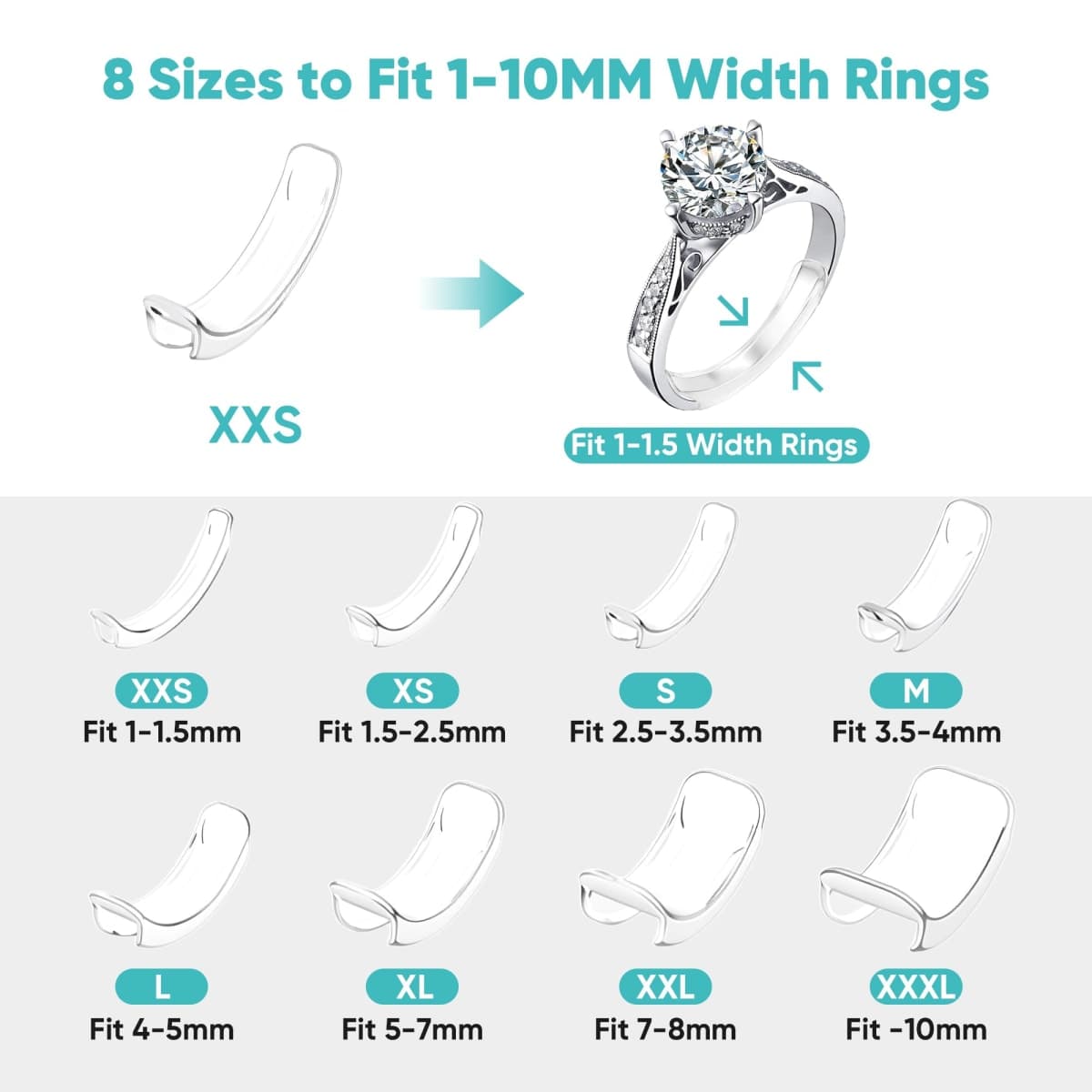 Invisible Ring Size Adjuster for Loose Rings - 2-in-1 Solution with 8 Clip-On Ring Guards & 6 Coil Adjusters (14pcs) thumbnail 3