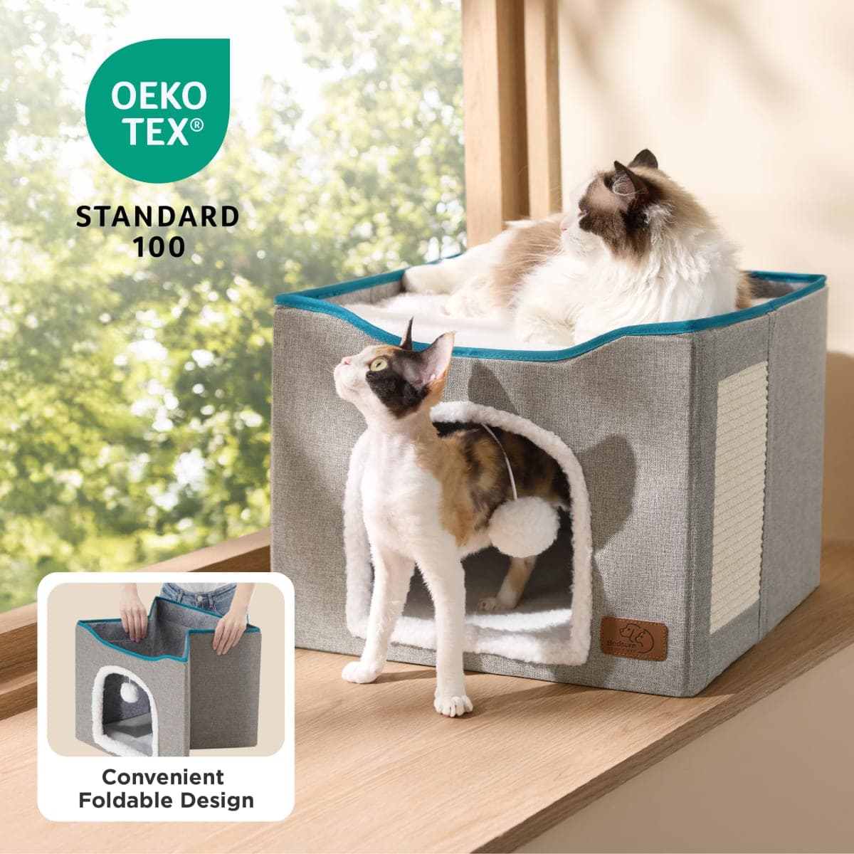 Bedsure Cat Bed for Indoor Cats -Large Cat Cave for Pet Cat House with Fluffy Ball Hanging and Scratch Pad, Foldable Cat Hidewawy,16.5x16.5x14 inches, Grey thumbnail 3