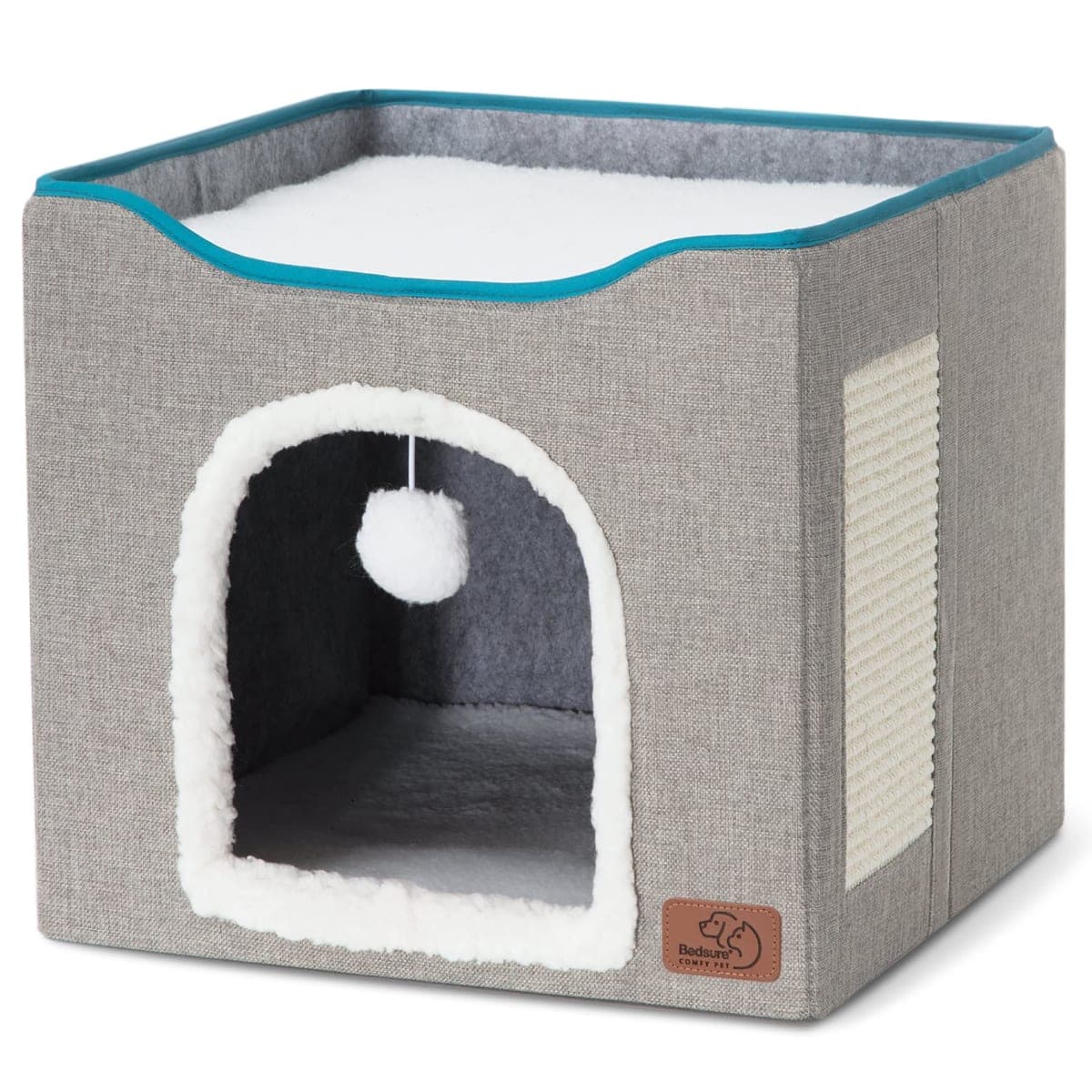 Bedsure Cat Bed for Indoor Cats -Large Cat Cave for Pet Cat House with Fluffy Ball Hanging and Scratch Pad, Foldable Cat Hidewawy,16.5x16.5x14 inches, Grey thumbnail 4