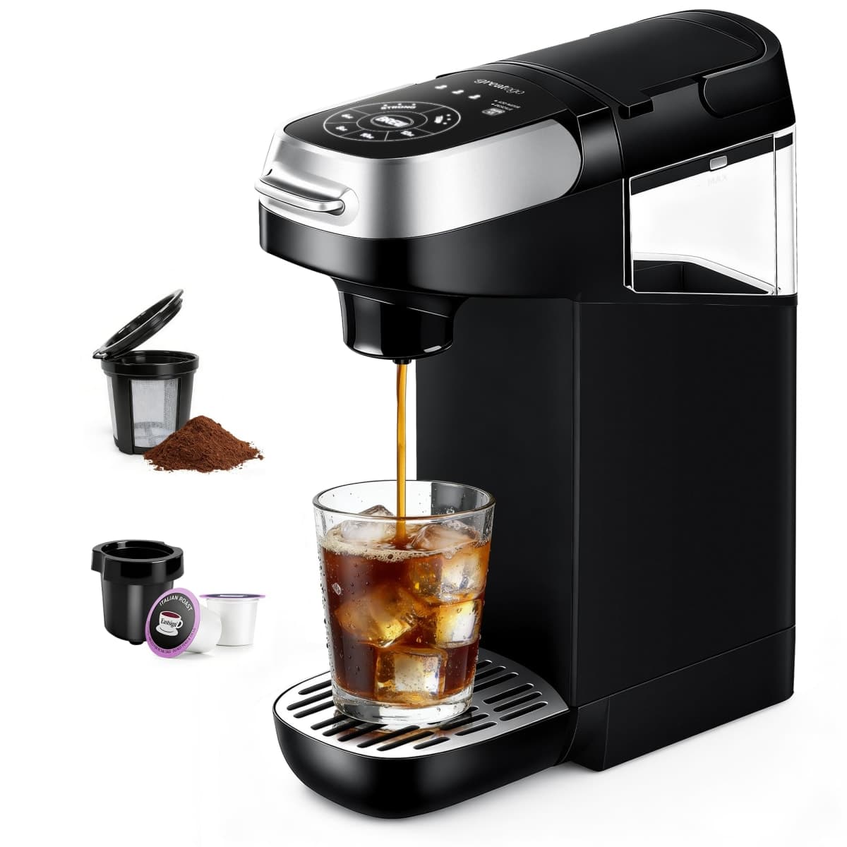 Greatogo Small Single Serve Coffee Maker for K Cup and Ground Coffee, Fast Brew One Cup Coffee, 6 to 12 oz. Brew Sizes, Machine with Descaling Reminder and Water Window, Black — image 1