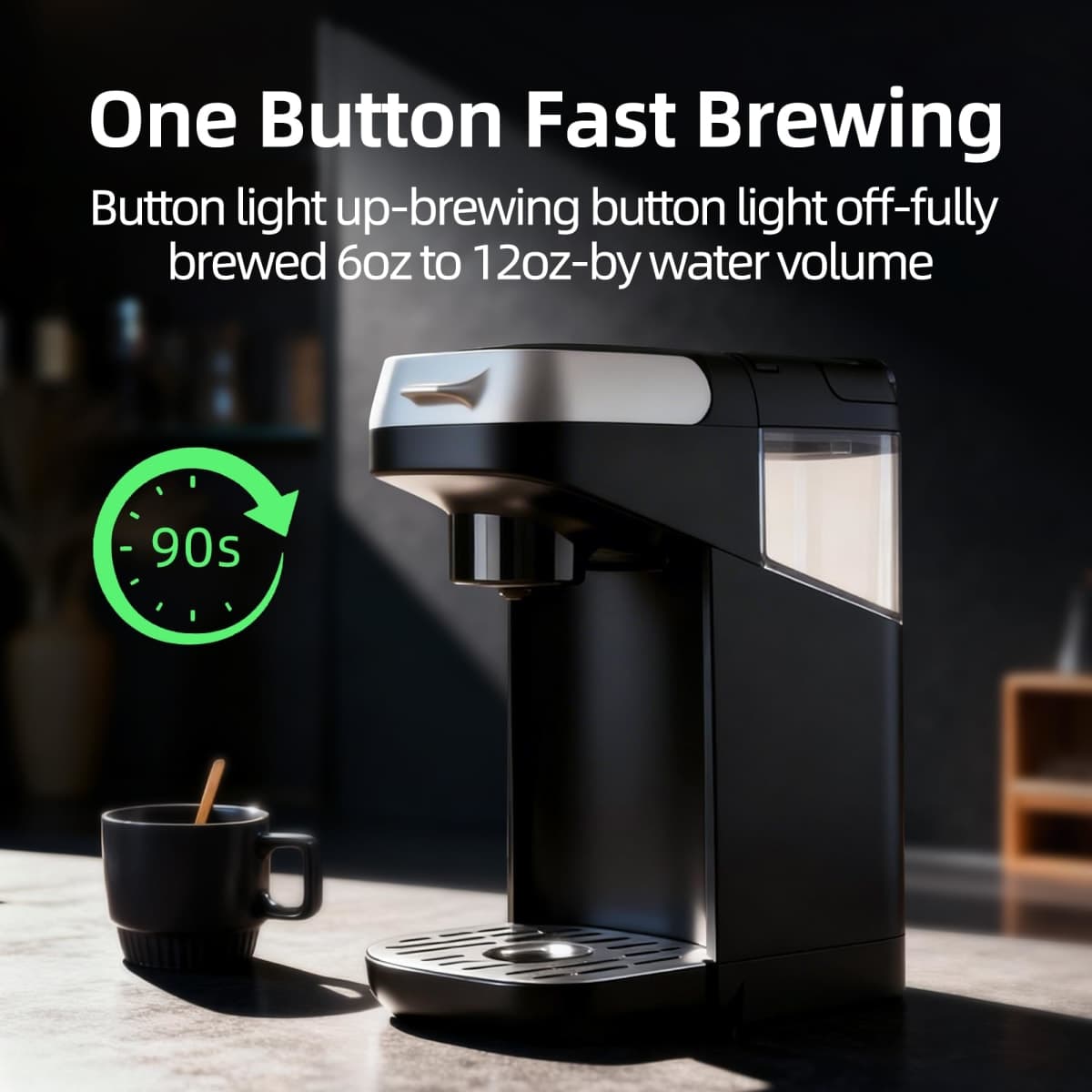 Greatogo Small Single Serve Coffee Maker for K Cup and Ground Coffee, Fast Brew One Cup Coffee, 6 to 12 oz. Brew Sizes, Machine with Descaling Reminder and Water Window, Black thumbnail 2