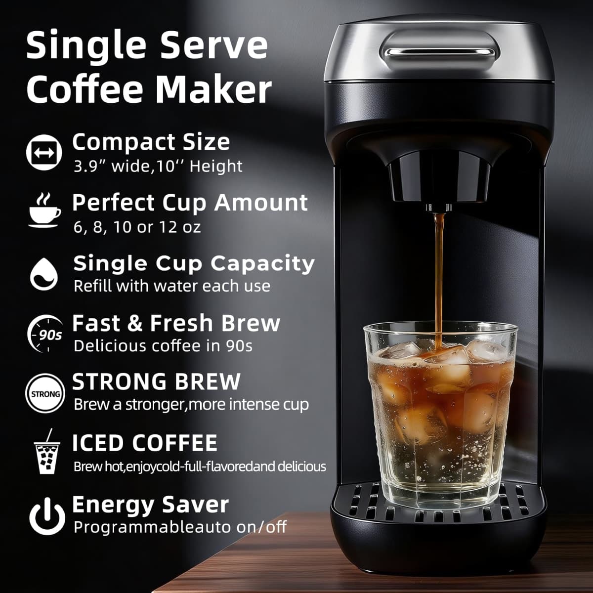 Greatogo Small Single Serve Coffee Maker for K Cup and Ground Coffee, Fast Brew One Cup Coffee, 6 to 12 oz. Brew Sizes, Machine with Descaling Reminder and Water Window, Black thumbnail 3
