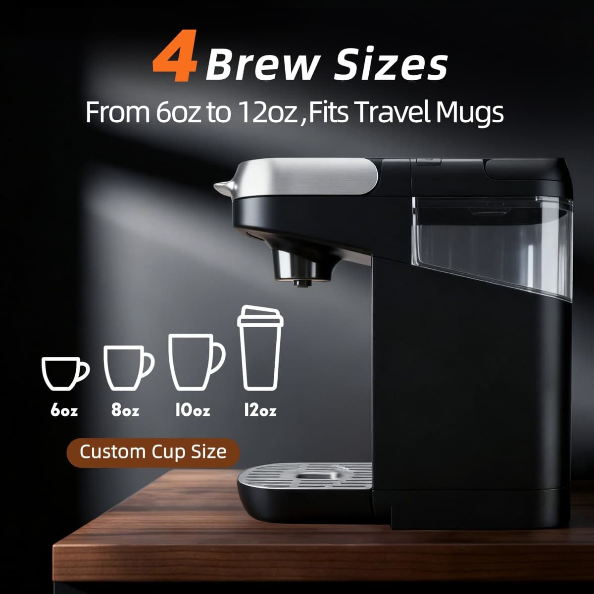 Greatogo Small Single Serve Coffee Maker for K Cup and Ground Coffee, Fast Brew One Cup Coffee, 6 to 12 oz. Brew Sizes, Machine with Descaling Reminder and Water Window, Black thumbnail 4