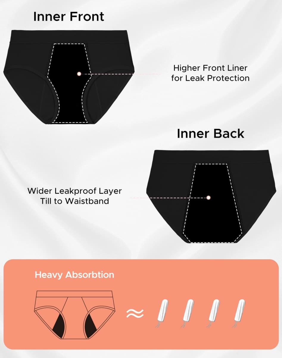 INNERSY Girls' Period Underwear for Teens Heavy Flow Panties Size 10-18 Hold 4 Tampons 3-Pack, Solid Black, 14-16 Years thumbnail 3