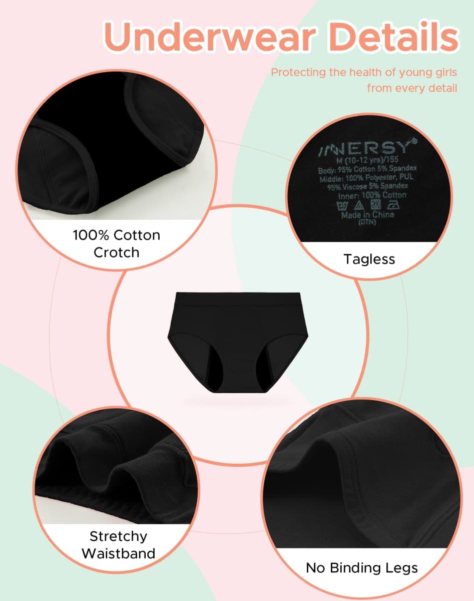 INNERSY Girls' Period Underwear for Teens Heavy Flow Panties Size 10-18 Hold 4 Tampons 3-Pack, Solid Black, 14-16 Years thumbnail 4