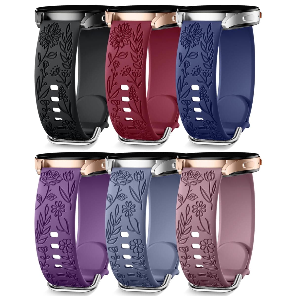 SNBLK 6 Pack Floral Engraved Bands Compatible with Samsung Galaxy Watch 7 Band 6 5 4 Active 2 FE 40mm 44mm/Watch 6/4 Classic/5 Pro/3, 20mm Cute Flower Silicone Sport Strap for Samsung Watch Bands — image 1