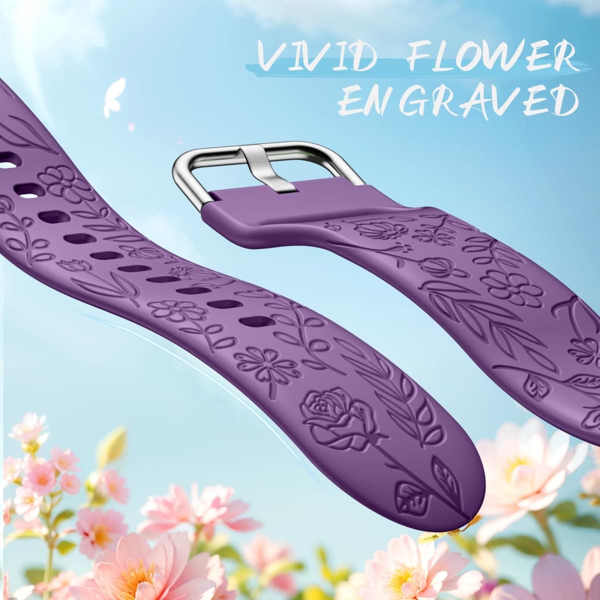 SNBLK 6 Pack Floral Engraved Bands Compatible with Samsung Galaxy Watch 7 Band 6 5 4 Active 2 FE 40mm 44mm/Watch 6/4 Classic/5 Pro/3, 20mm Cute Flower Silicone Sport Strap for Samsung Watch Bands thumbnail 3