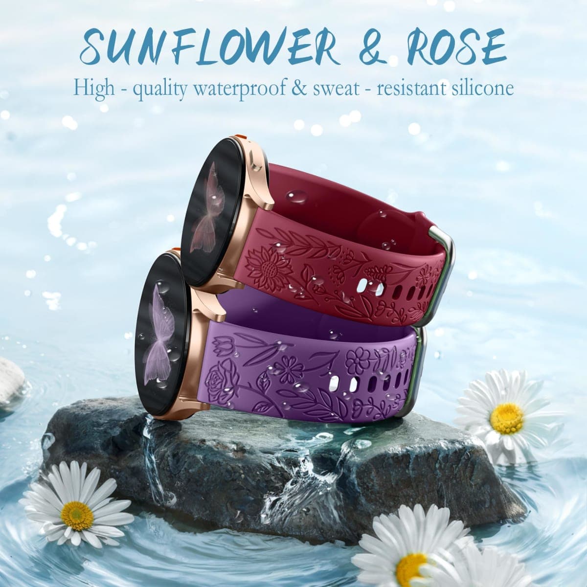 SNBLK 6 Pack Floral Engraved Bands Compatible with Samsung Galaxy Watch 7 Band 6 5 4 Active 2 FE 40mm 44mm/Watch 6/4 Classic/5 Pro/3, 20mm Cute Flower Silicone Sport Strap for Samsung Watch Bands thumbnail 4