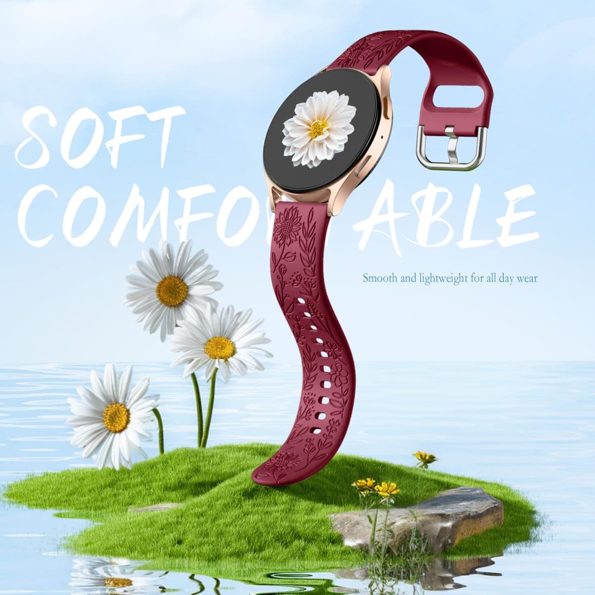 SNBLK 6 Pack Floral Engraved Bands Compatible with Samsung Galaxy Watch 7 Band 6 5 4 Active 2 FE 40mm 44mm/Watch 6/4 Classic/5 Pro/3, 20mm Cute Flower Silicone Sport Strap for Samsung Watch Bands thumbnail 5