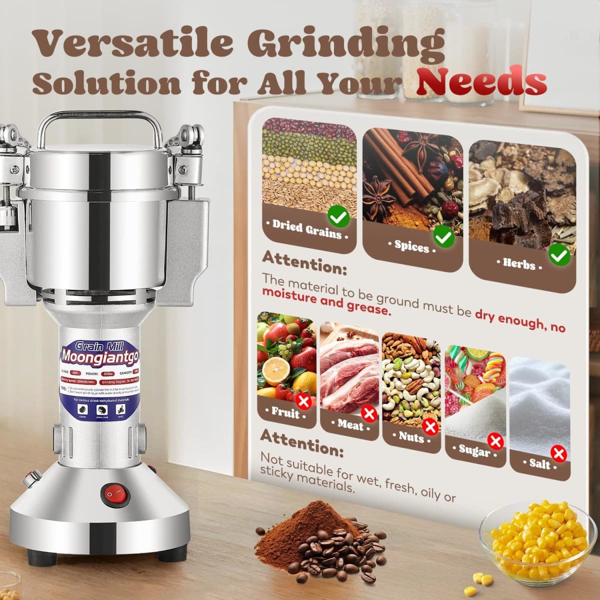 Moongiantgo Electric Grain Mill Grinder 150g Commercial Spice Grinder 850W Superfine Grinding Machine Stainless Steel Pulverizer Dry Grinder (Capacity: 150g, 110V) thumbnail 2
