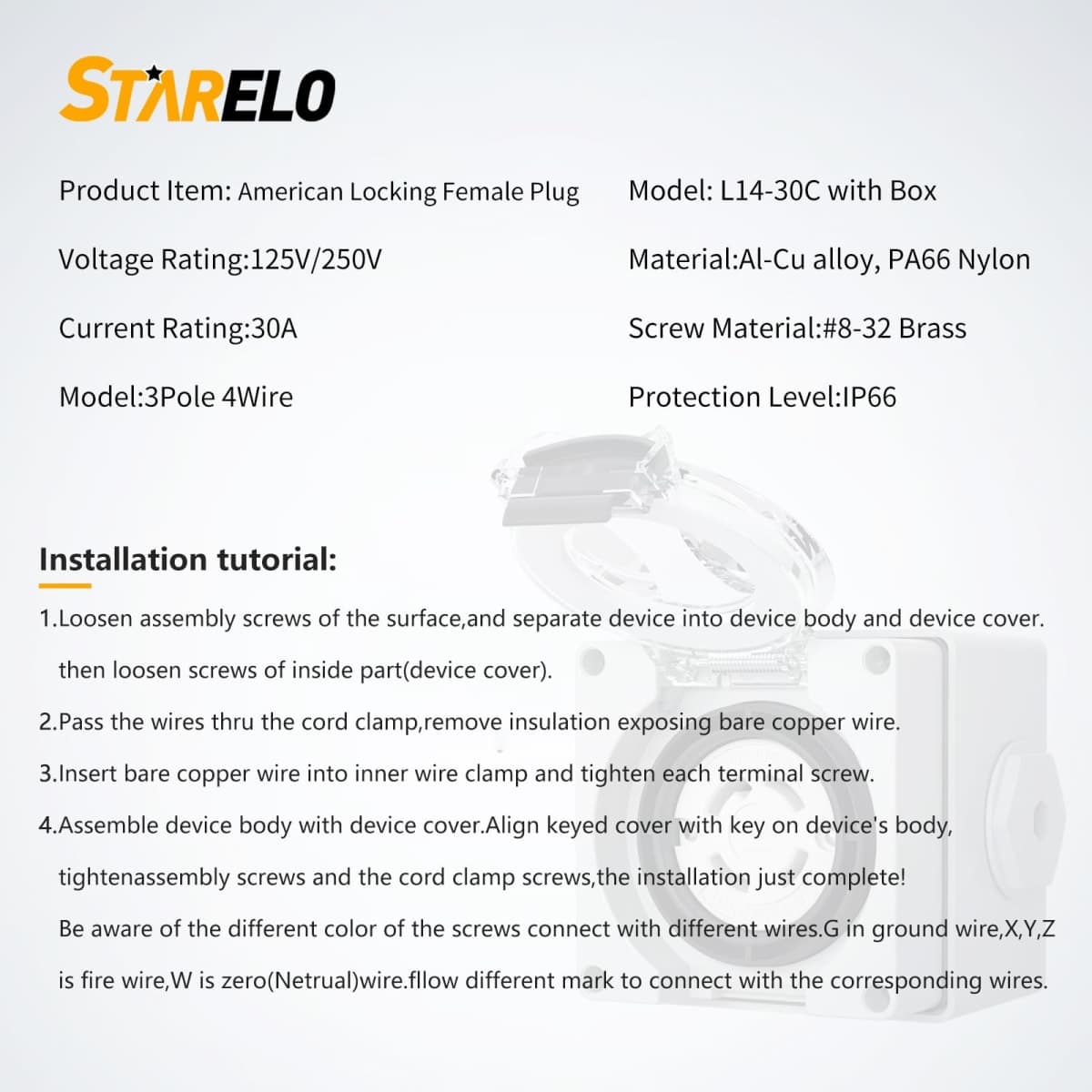STARELO 30 Amp Locking Female Plug Box NEMA L14-30C Generator Twist Lock Adapter Female Connector,125/250 Volt,Outdoor dustproof and Weatherproof for generators, Welding Machines, etc.ETL Listed. thumbnail 2