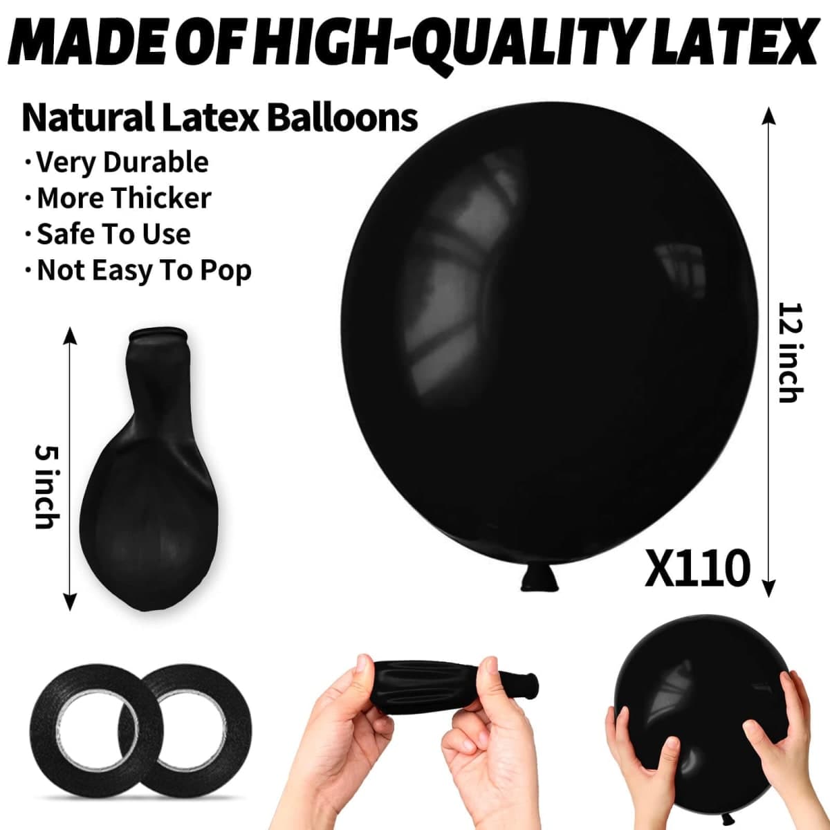 110pcs Black Balloon 12 inch, Black Latex Balloons for Birthday Party Baby Shower Wedding(with 2 Ribbons). thumbnail 3