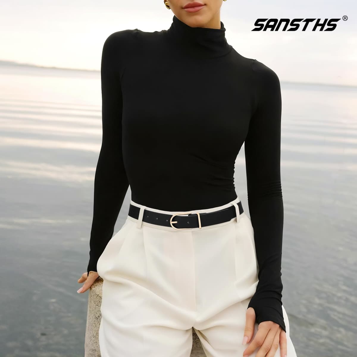 SANSTHS Women Faux Leather Chic Belts for Jeans Pants Fashion Ladies Belt Solid Color with Gold Curved Pin Buckle, B-black, Fit Waist Size 38''-42'' thumbnail 2
