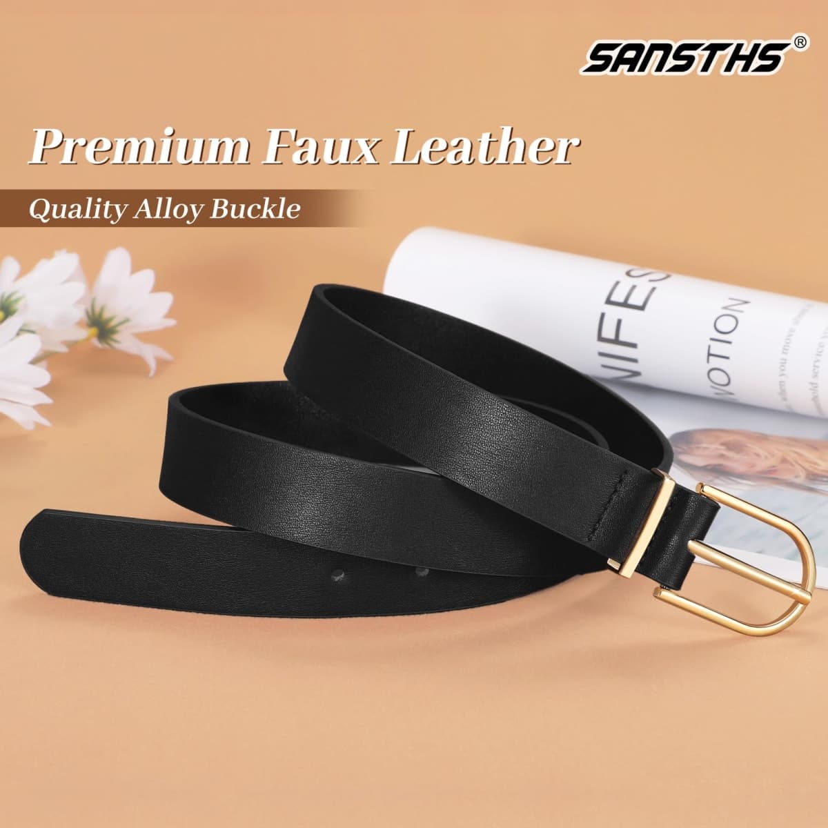 SANSTHS Women Faux Leather Chic Belts for Jeans Pants Fashion Ladies Belt Solid Color with Gold Curved Pin Buckle, B-black, Fit Waist Size 38''-42'' thumbnail 4