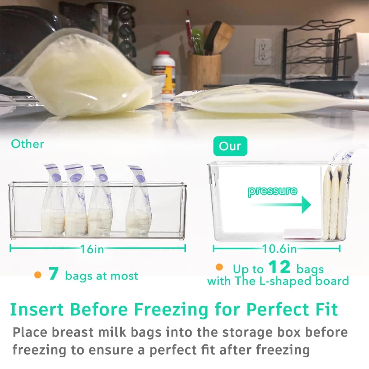 Ugotfeels Breastmilk Storage Container with L Shaped Separator Boards, Dividers Will Flatten Standing Breast Milk Bags in Organizer Bins Save Refrigerator Space | 2 Containers - Green thumbnail 3