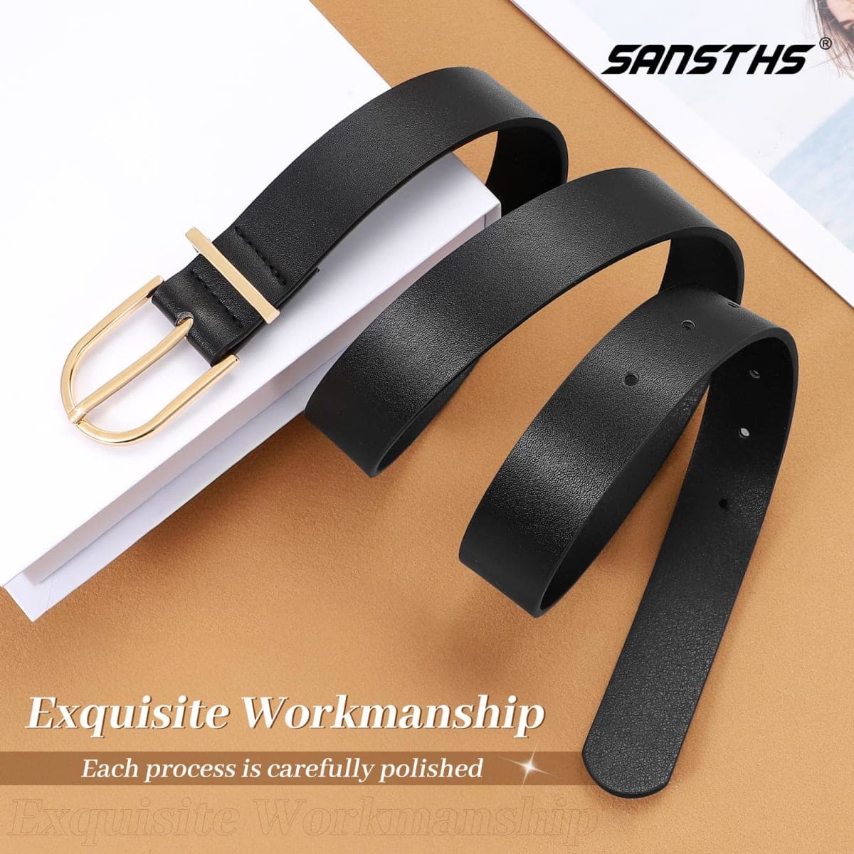 SANSTHS Women Faux Leather Chic Belts for Jeans Pants Fashion Ladies Belt Solid Color with Gold Curved Pin Buckle, B-black, Fit Waist Size 38''-42'' thumbnail 5