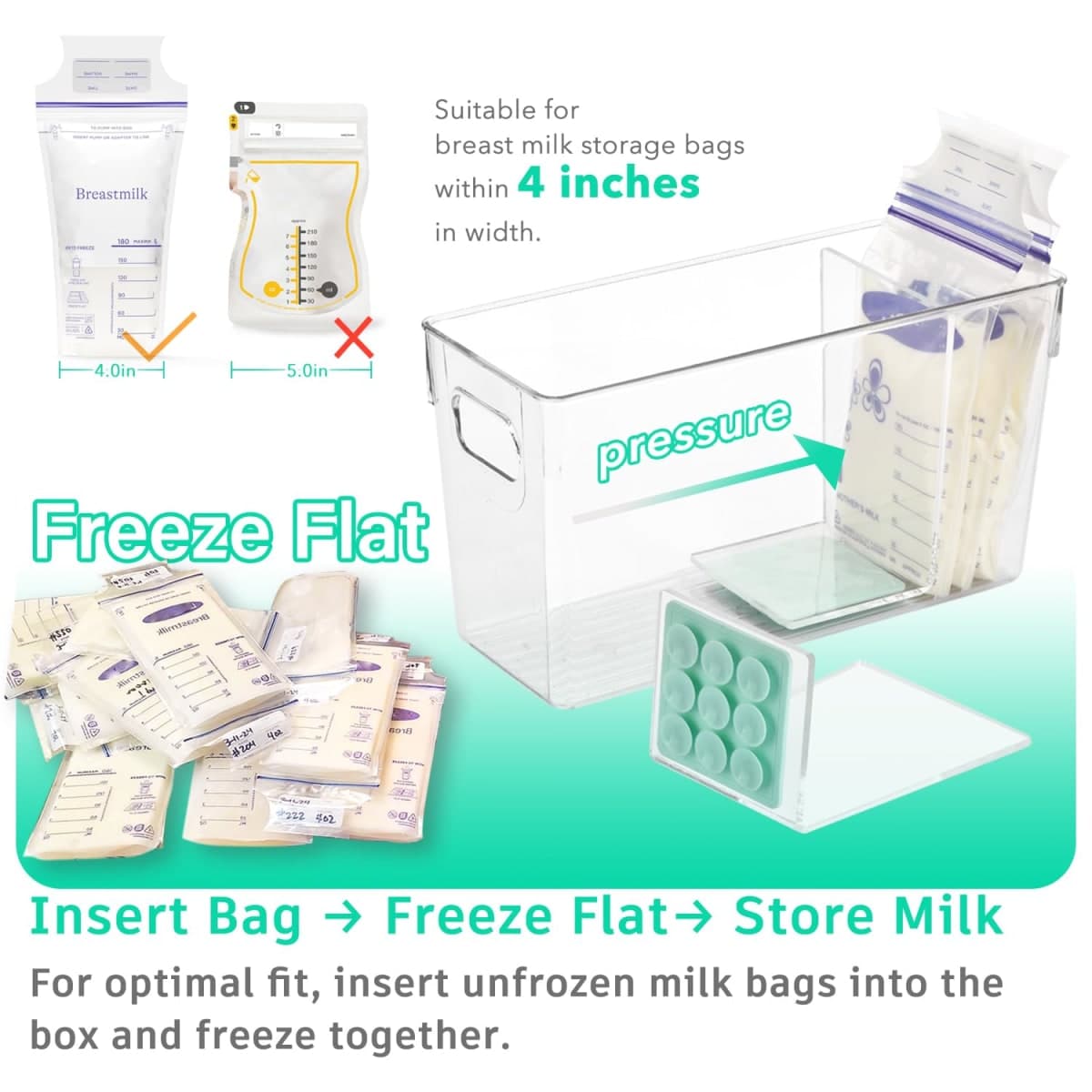 Ugotfeels Breastmilk Storage Container with L Shaped Separator Boards, Dividers Will Flatten Standing Breast Milk Bags in Organizer Bins Save Refrigerator Space | 2 Containers - Green thumbnail 4