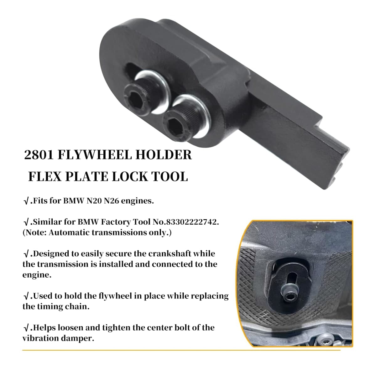 Yuesstloo 2801 Flywheel Holder Flex Plate Lock Tool & 7676 Oil Seal Repair Kit with Balance Shaft & Oil Pump Alignment Tool Set, Compatible with BMW N20 N26 Engines thumbnail 5