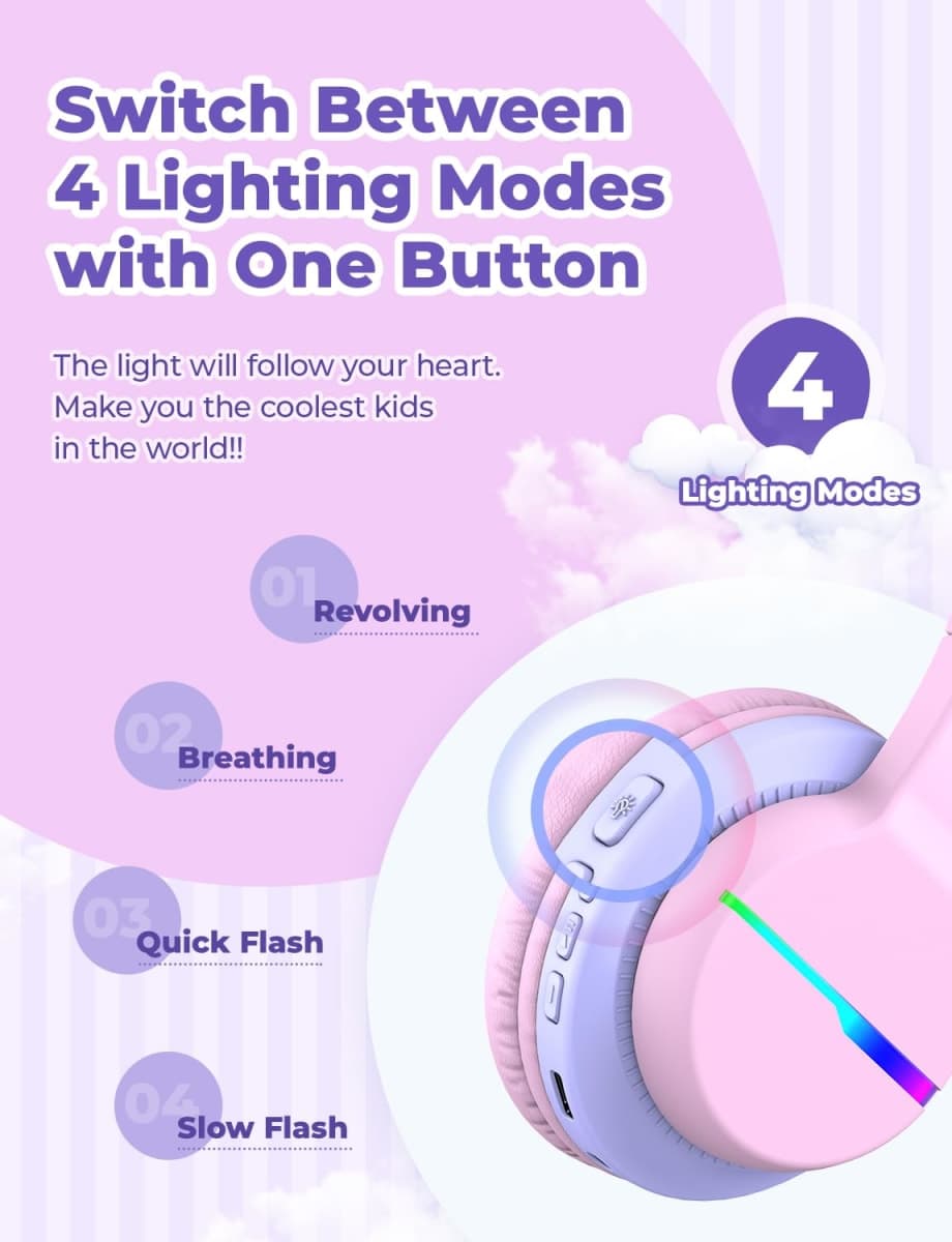 iClever BTH12 Kids Headphones Wireless with Colorful LED Lights, Kids Bluetooth5.2 Headphones, 74/85dBA Volume Limited & 85H Playtime, Over Ear Headphone & Mic for iPad/Tablet/Airplane/Travel, Pink thumbnail 2