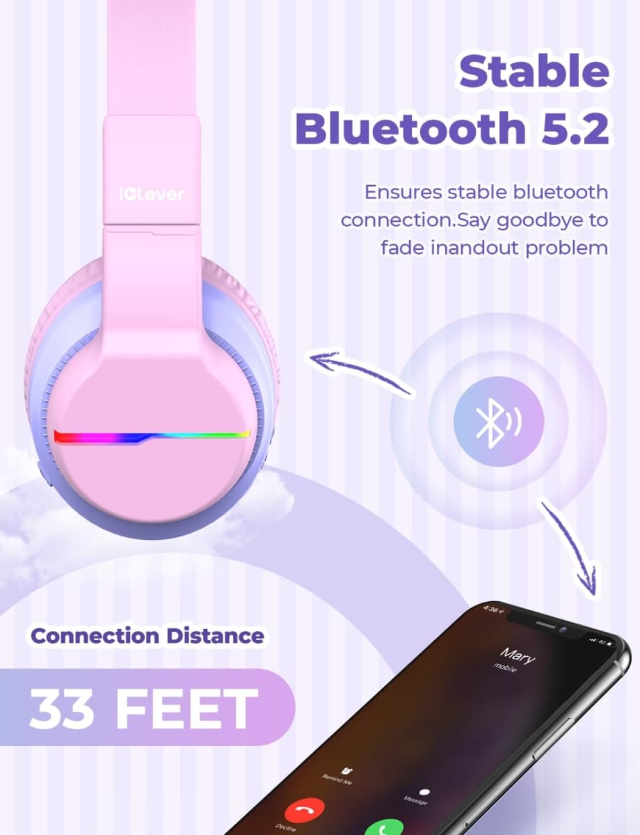 iClever BTH12 Kids Headphones Wireless with Colorful LED Lights, Kids Bluetooth5.2 Headphones, 74/85dBA Volume Limited & 85H Playtime, Over Ear Headphone & Mic for iPad/Tablet/Airplane/Travel, Pink thumbnail 5