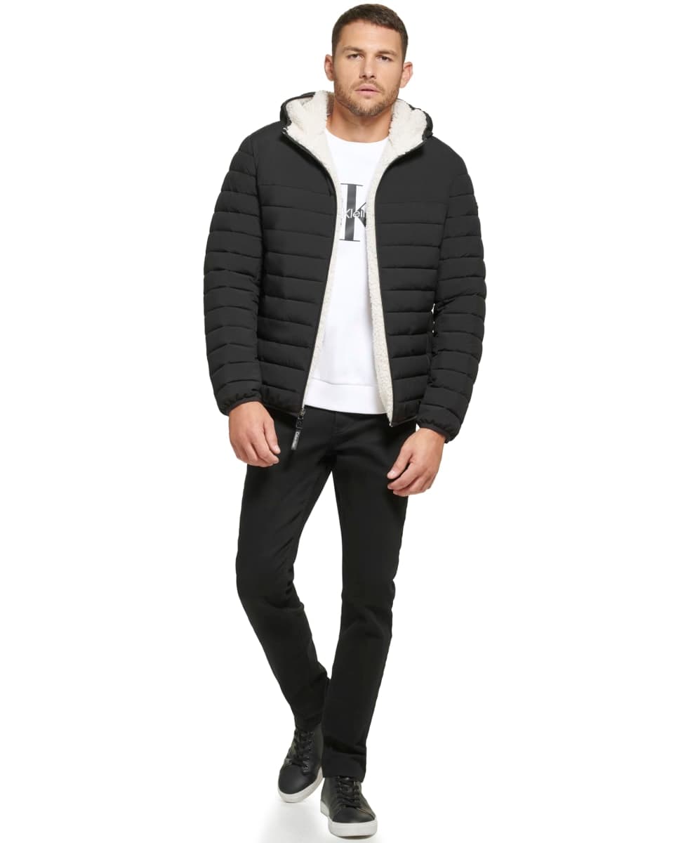 Calvin Klein Men's Hooded Down Jacket Quilted Coat Sherpa Lined, Ebony, Small