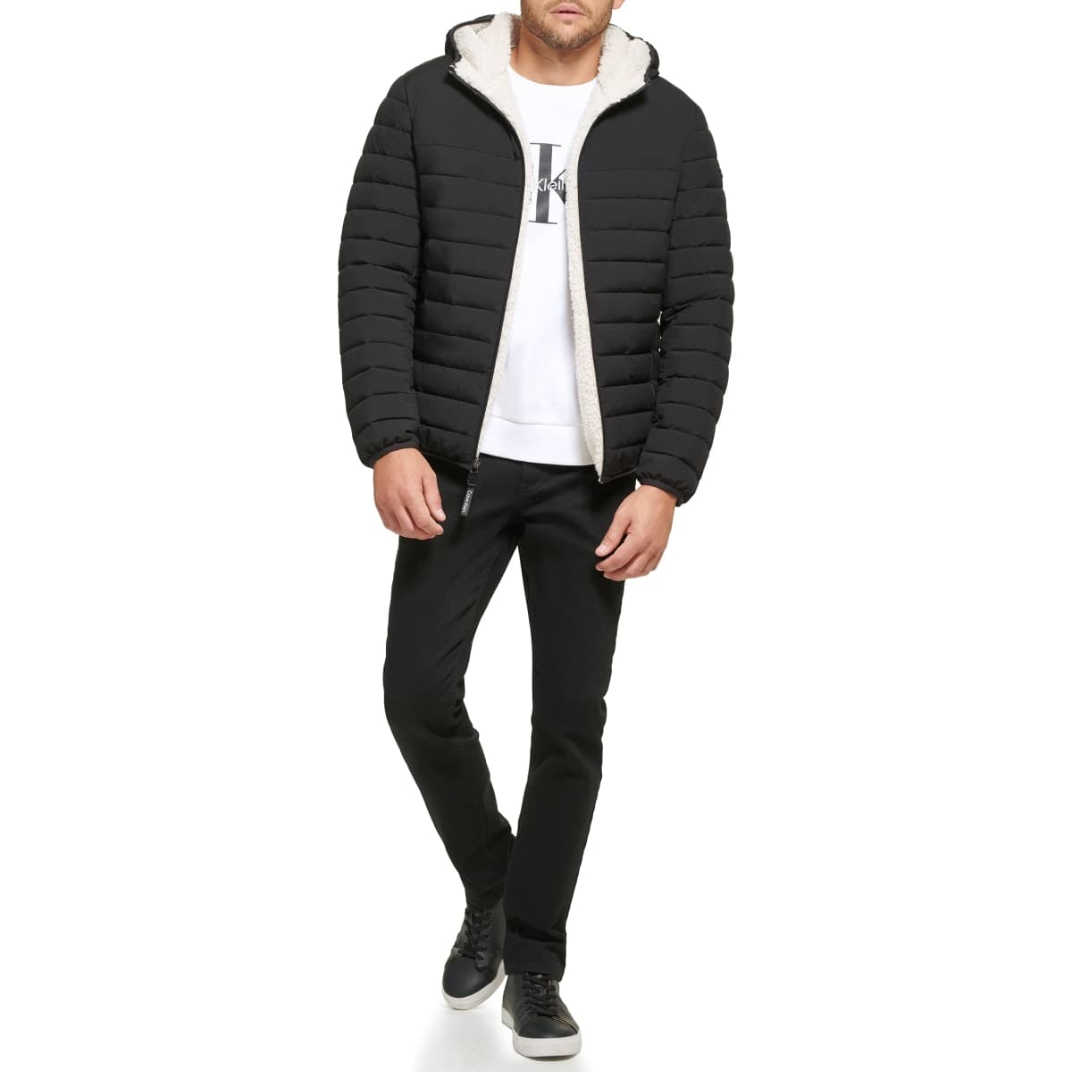 Calvin Klein Men's Hooded Down Jacket Quilted Coat Sherpa Lined, Ebony, Small thumbnail 2