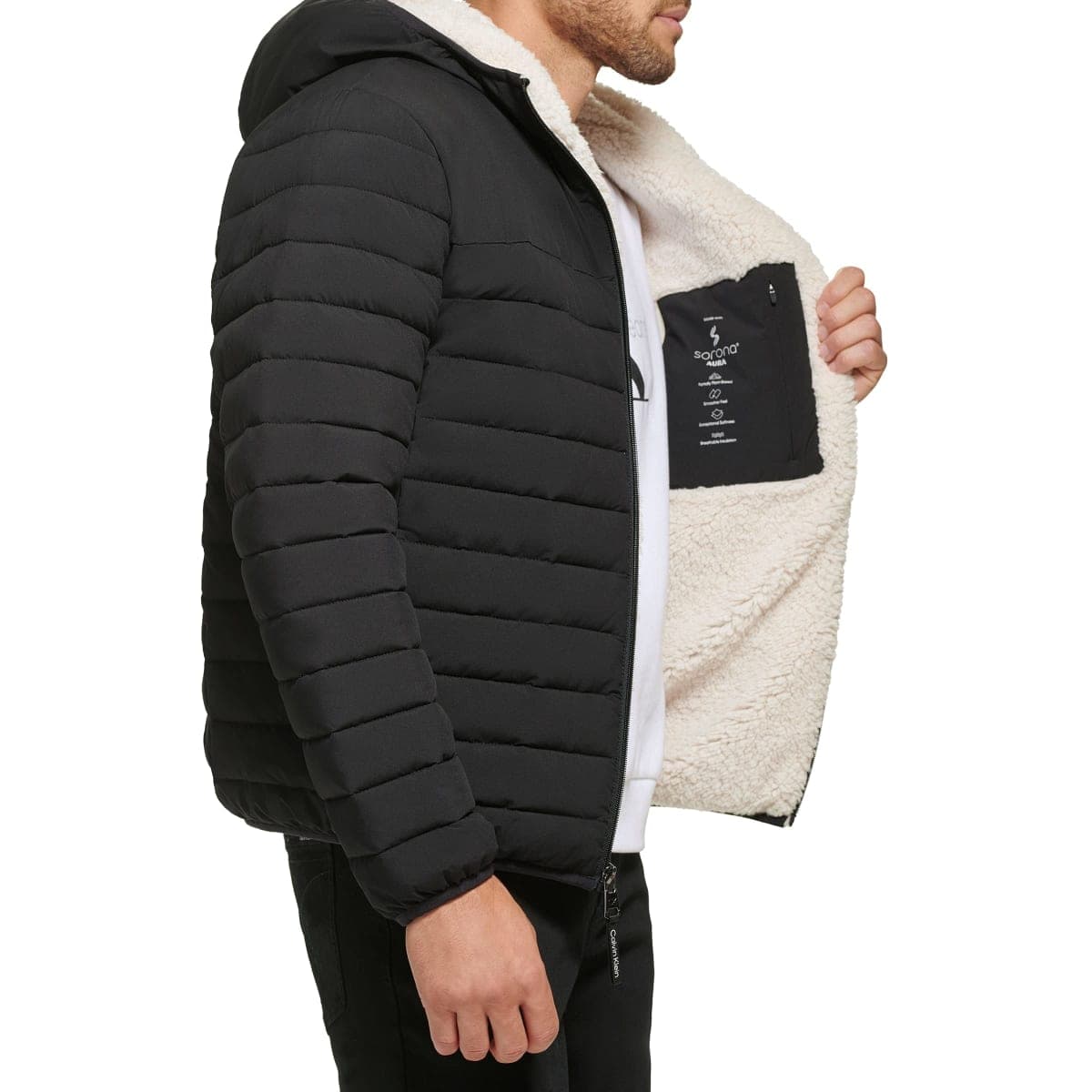 Calvin Klein Men's Hooded Down Jacket Quilted Coat Sherpa Lined, Ebony, Small thumbnail 3