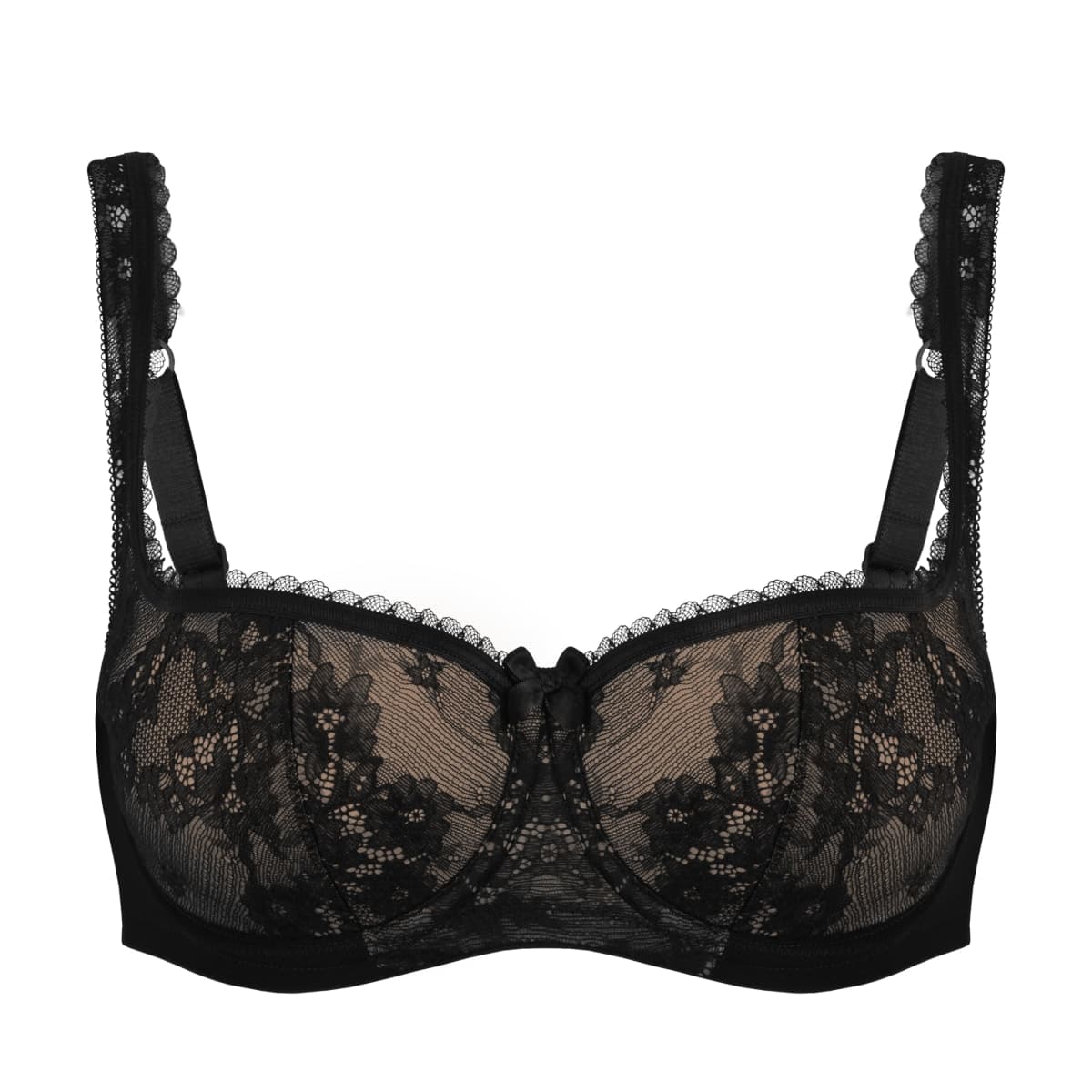 Rosme Women's Balconette Bra with Push Up Effect – Plus Size Sexy Lace Demi Half Cup Bra – Lightly Padded Underwired Low Cut Mesh Design Eliza, Black, Size 48DD thumbnail 4