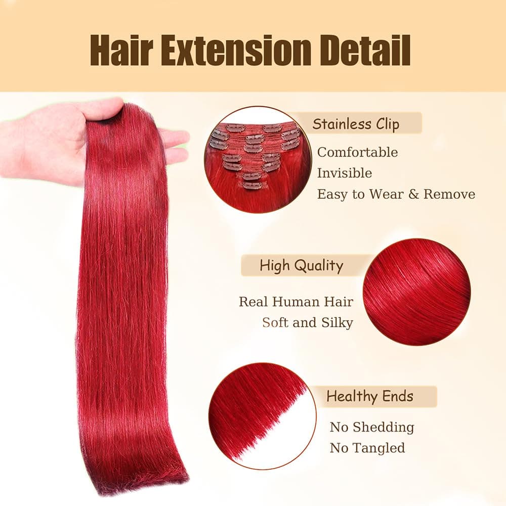 RED Clip in Hairs Extensions Human Hair, Light RED Straight Remy Human Hairs Extensions Clip ins for Women, 30 Inch 120g 7Pcs thumbnail 3