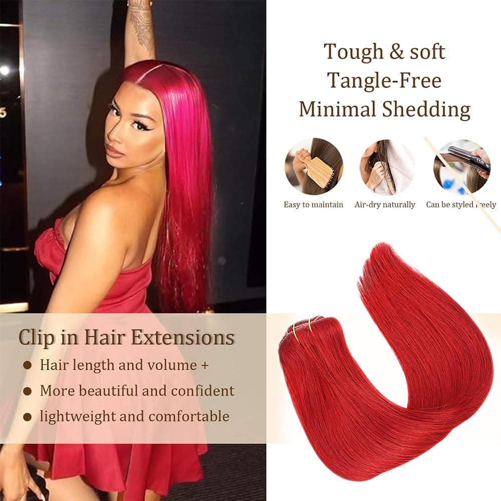 RED Clip in Hairs Extensions Human Hair, Light RED Straight Remy Human Hairs Extensions Clip ins for Women, 30 Inch 120g 7Pcs thumbnail 4