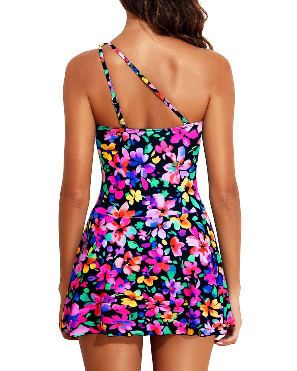 Tempt Me Women One Piece Swim Dress One Shoulder Swimsuit with Skirt Tummy Control Swimdress Bathing Suit, Magenta Floral, Large thumbnail 2
