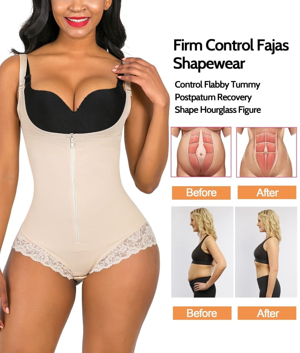 SHAPERX Shapewear for Women Waist Trainer Firm Tummy Control Fajas Bodysuit Open Bust Zipper Corset,CA-SZ7200-Beige-3XL thumbnail 5